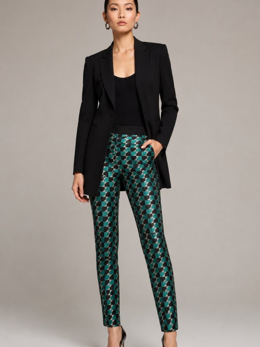 Vintage 'Lafayette 148' Geometric Print Pants Sz 2 Y2K Mod Slim Leg Green Black